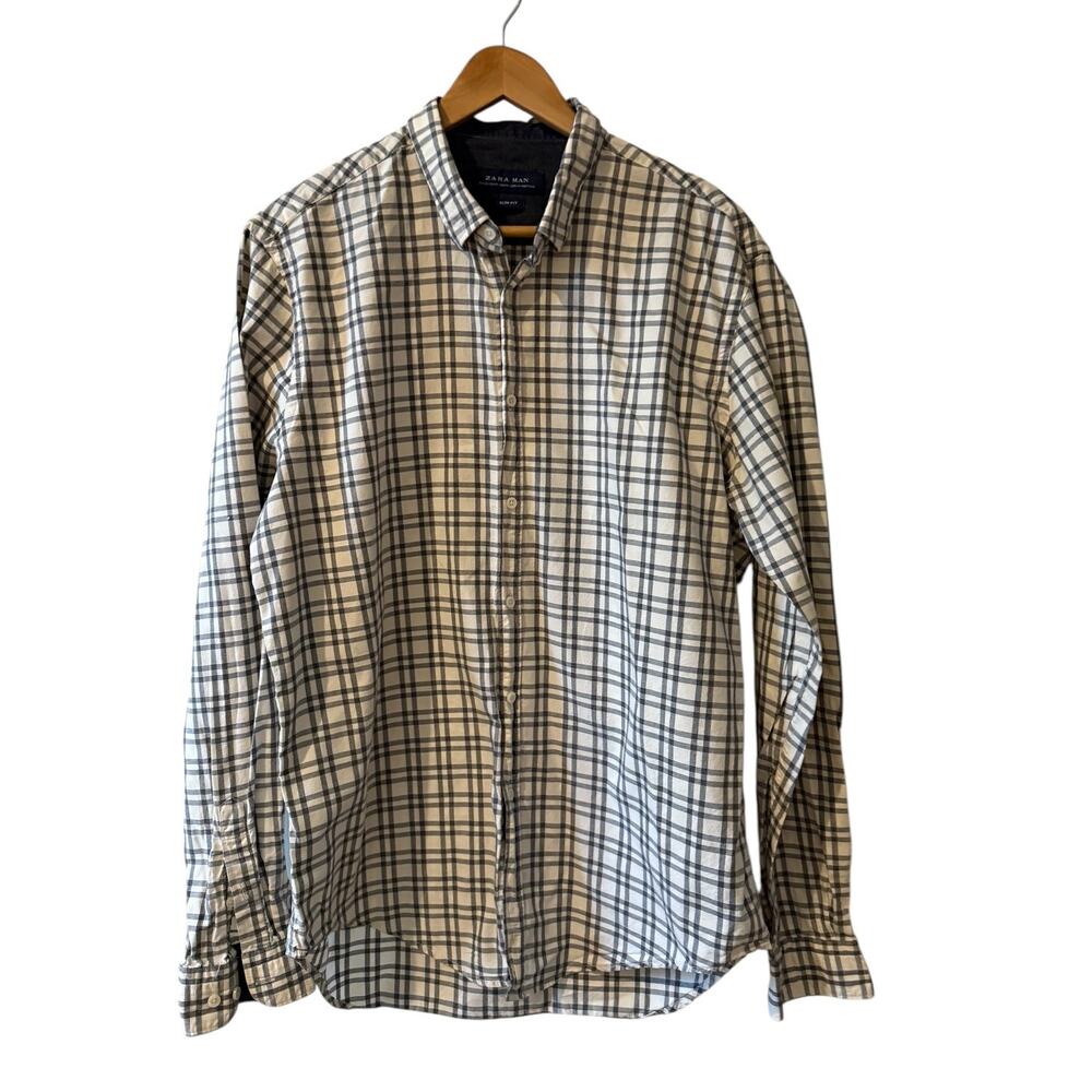 Zara Man Slim Fit Button Down Shirt Cream Gray Check XL
